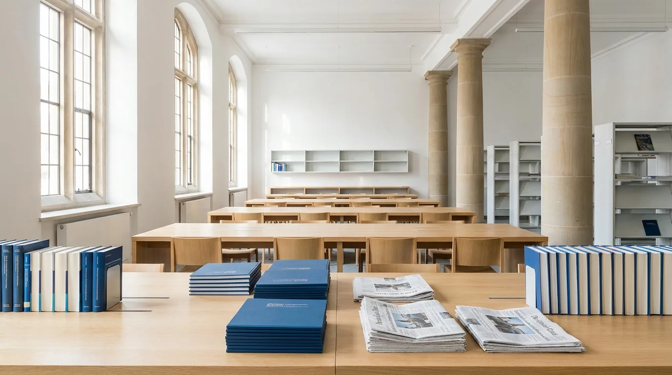 A bright library interior with bookshelves and study desks provides a welcoming space for higher education.