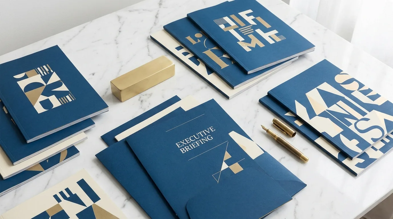Blue and white branded magazine covers are displayed on a marble desk, showcasing executive briefing materials.