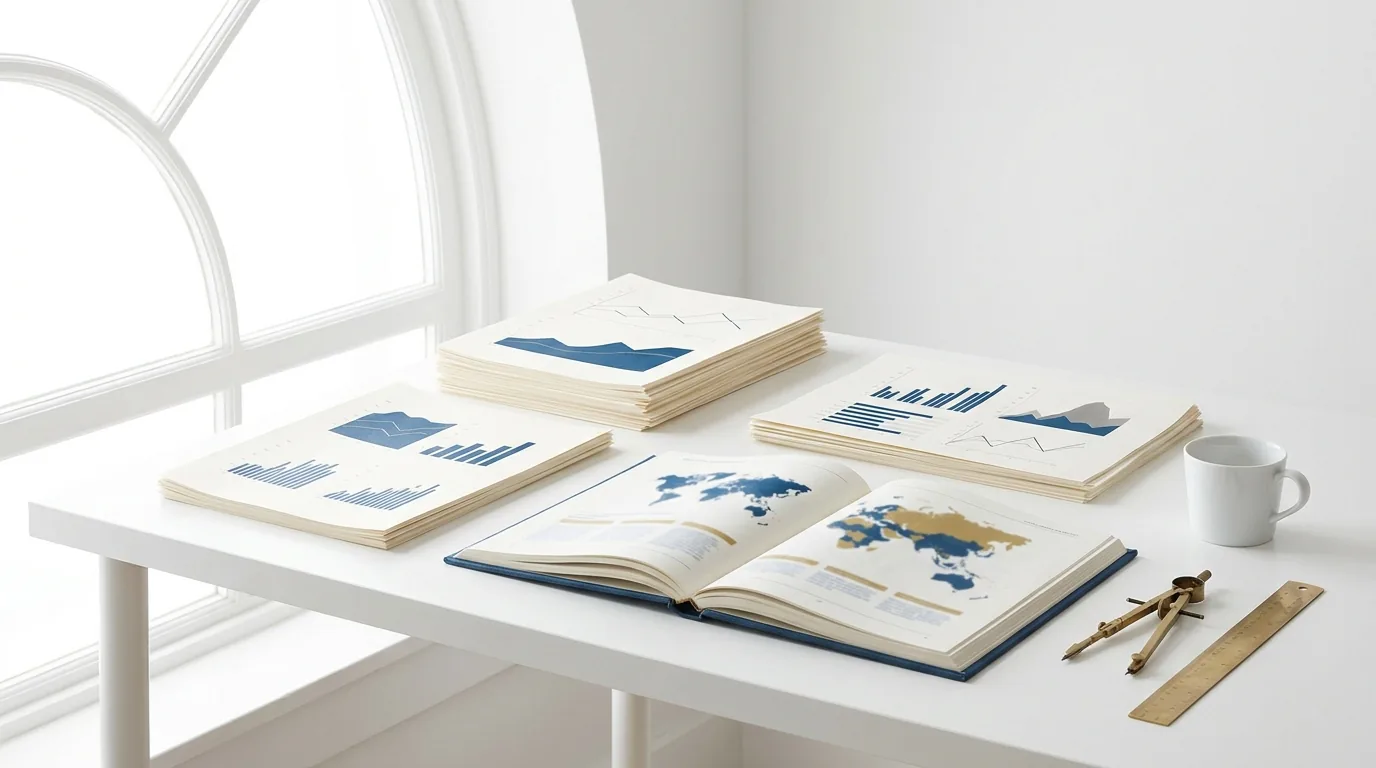 Research Compliance | The HE Sector A white desk displays open books, charts and office supplies relevant to higher education compliance.