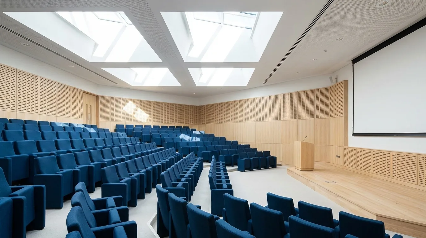 University Auditorium | The HE Sector A spacious university auditorium with blue seats is ready for an event or professional development session.